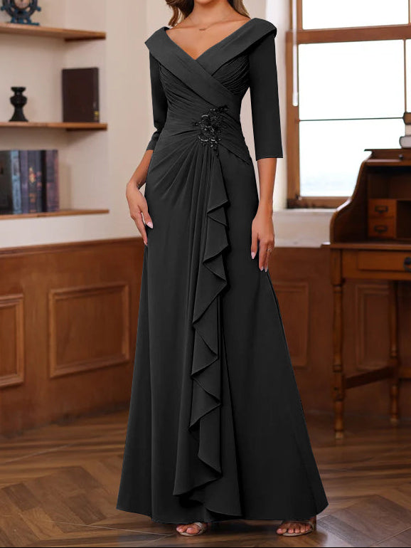 Sheath/Column V-Neck 3/4 Length Sleeves Floor-Length Unique Mother of the Bride Dresses with Ruffles & Appliques