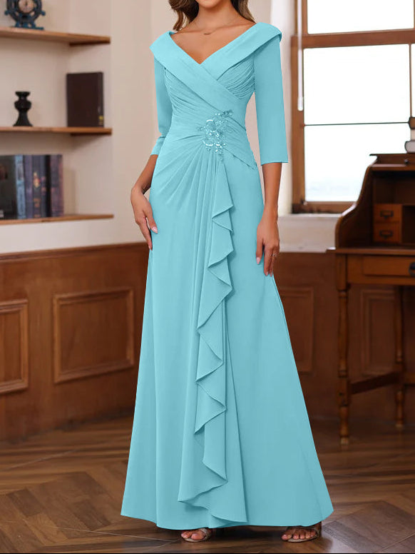 Sheath/Column V-Neck 3/4 Length Sleeves Floor-Length Unique Mother of the Bride Dresses with Ruffles & Appliques