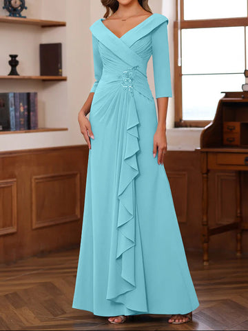 Sheath/Column V-Neck 3/4 Length Sleeves Floor-Length Unique Mother of the Bride Dresses with Ruffles & Appliques