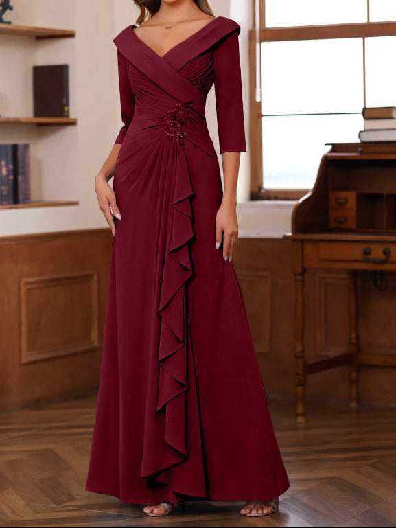 Sheath/Column V-Neck 3/4 Length Sleeves Floor-Length Unique Mother of the Bride Dresses with Ruffles & Appliques