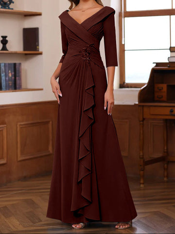 Sheath/Column V-Neck 3/4 Length Sleeves Floor-Length Unique Mother of the Bride Dresses with Ruffles & Appliques