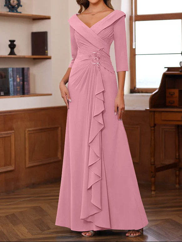Sheath/Column V-Neck 3/4 Length Sleeves Floor-Length Unique Mother of the Bride Dresses with Ruffles & Appliques