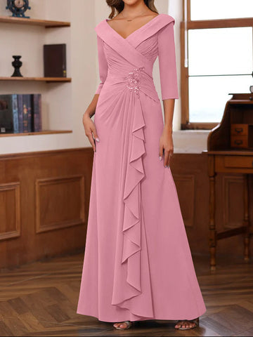 Sheath/Column V-Neck 3/4 Length Sleeves Floor-Length Unique Mother of the Bride Dresses with Ruffles & Appliques