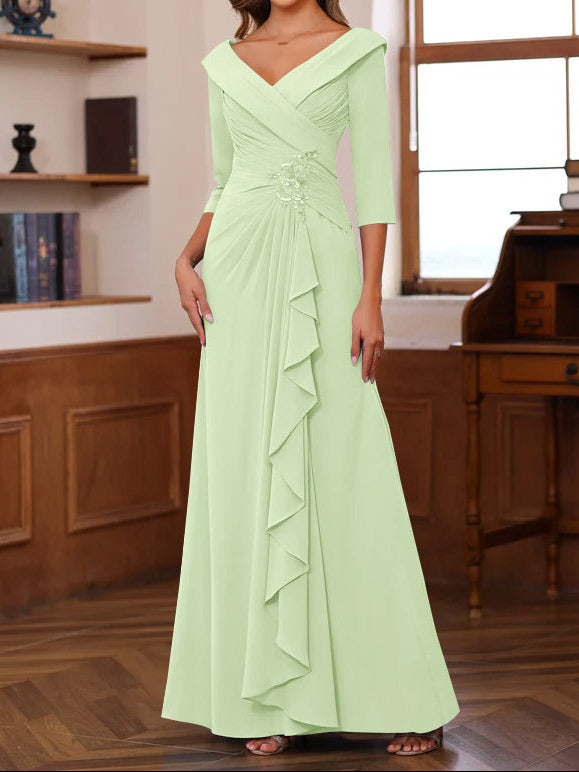 Sheath/Column V-Neck 3/4 Length Sleeves Floor-Length Unique Mother of the Bride Dresses with Ruffles & Appliques
