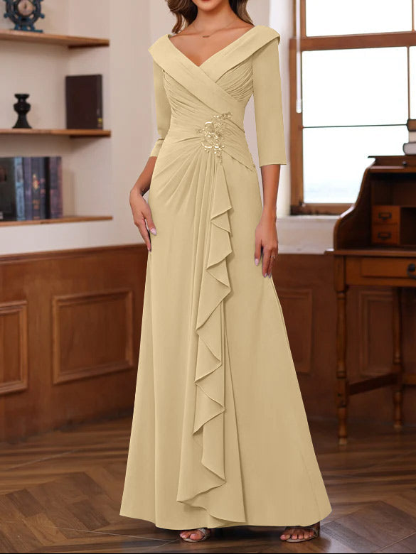 Sheath/Column V-Neck 3/4 Length Sleeves Floor-Length Unique Mother of the Bride Dresses with Ruffles & Appliques