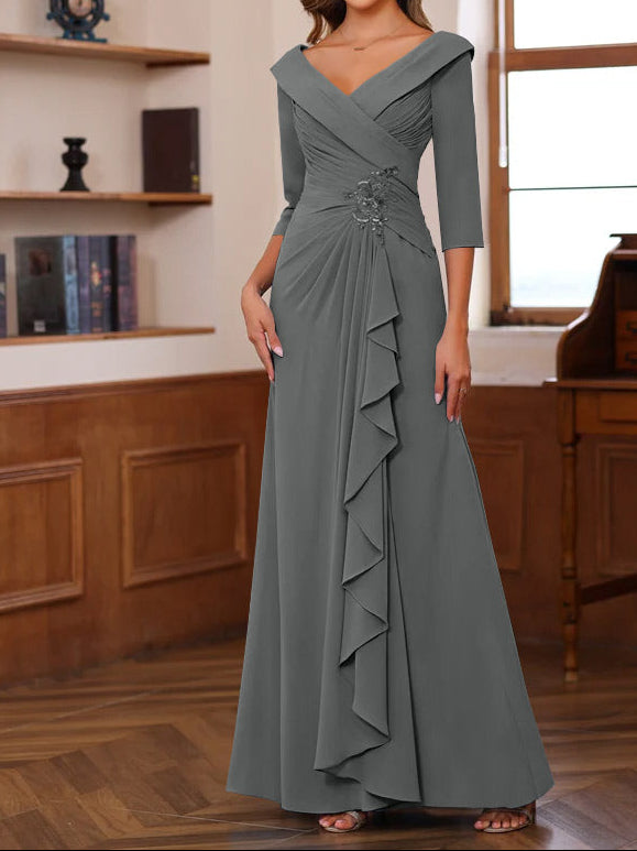 Sheath/Column V-Neck 3/4 Length Sleeves Floor-Length Unique Mother of the Bride Dresses with Ruffles & Appliques