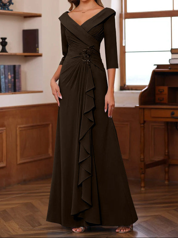 Sheath/Column V-Neck 3/4 Length Sleeves Floor-Length Unique Mother of the Bride Dresses with Ruffles & Appliques