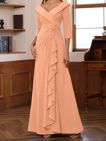 Sheath/Column V-Neck 3/4 Length Sleeves Floor-Length Unique Mother of the Bride Dresses with Ruffles & Appliques