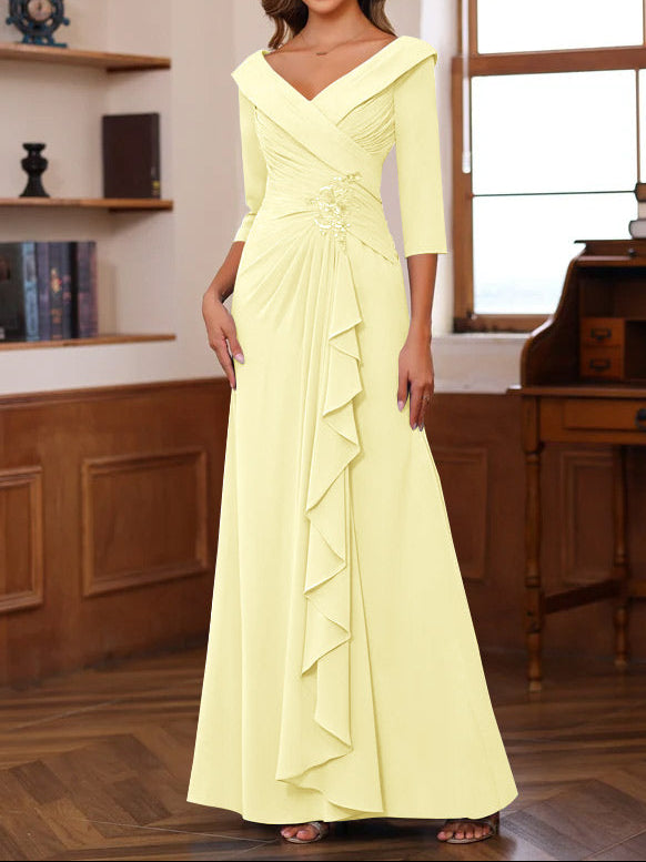Sheath/Column V-Neck 3/4 Length Sleeves Floor-Length Unique Mother of the Bride Dresses with Ruffles & Appliques