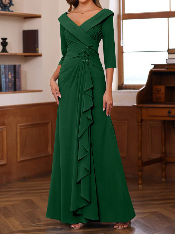 Sheath/Column V-Neck 3/4 Length Sleeves Floor-Length Unique Mother of the Bride Dresses with Ruffles & Appliques