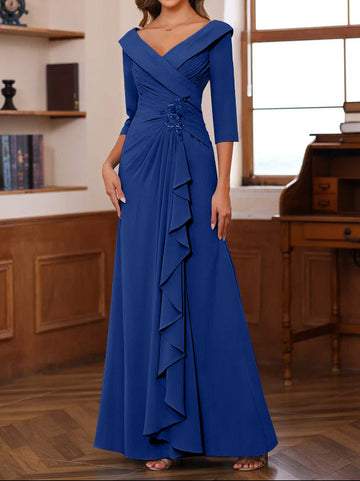 Sheath/Column V-Neck 3/4 Length Sleeves Floor-Length Unique Mother of the Bride Dresses with Ruffles & Appliques