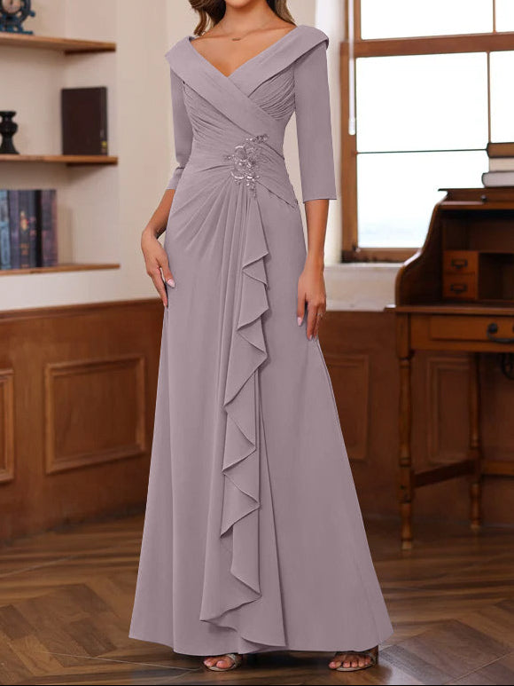 Sheath/Column V-Neck 3/4 Length Sleeves Floor-Length Unique Mother of the Bride Dresses with Ruffles & Appliques