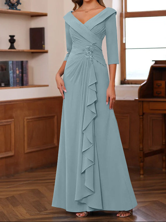 Sheath/Column V-Neck 3/4 Length Sleeves Floor-Length Unique Mother of the Bride Dresses with Ruffles & Appliques