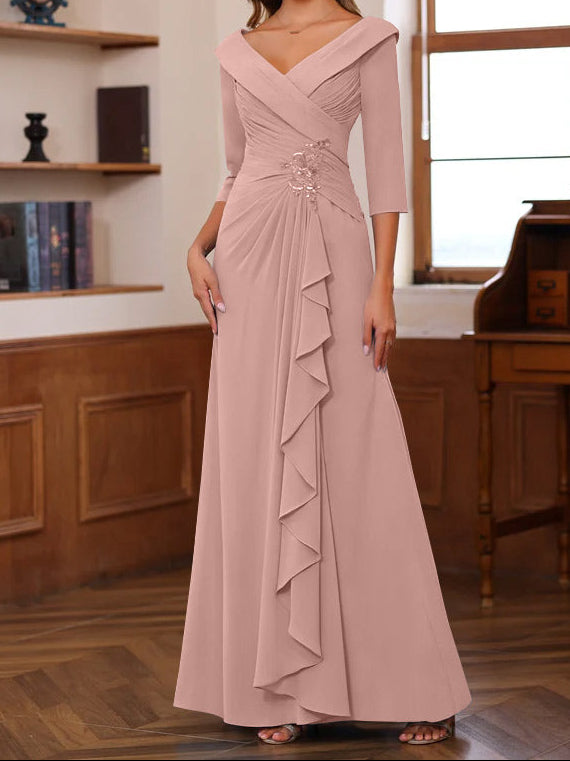 Sheath/Column V-Neck 3/4 Length Sleeves Floor-Length Unique Mother of the Bride Dresses with Ruffles & Appliques