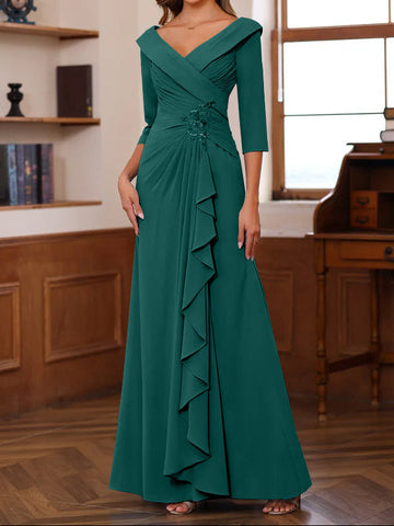 Sheath/Column V-Neck 3/4 Length Sleeves Floor-Length Unique Mother of the Bride Dresses with Ruffles & Appliques