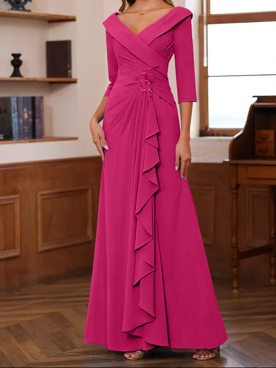 Sheath/Column V-Neck 3/4 Length Sleeves Floor-Length Unique Mother of the Bride Dresses with Ruffles & Appliques