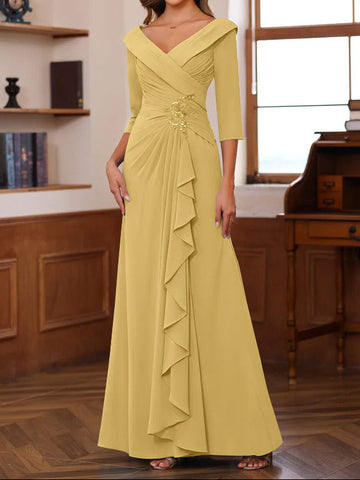 Sheath/Column V-Neck 3/4 Length Sleeves Floor-Length Unique Mother of the Bride Dresses with Ruffles & Appliques