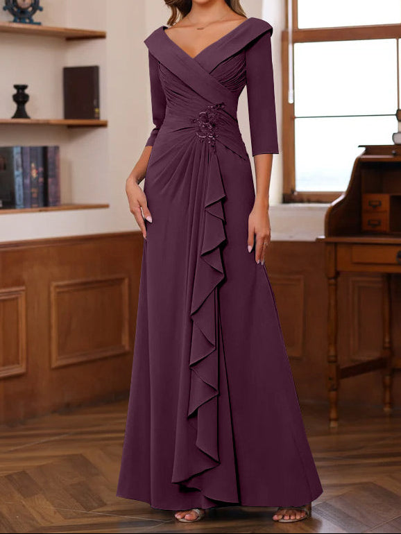 Sheath/Column V-Neck 3/4 Length Sleeves Floor-Length Unique Mother of the Bride Dresses with Ruffles & Appliques