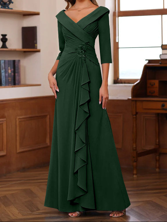 Sheath/Column V-Neck 3/4 Length Sleeves Floor-Length Unique Mother of the Bride Dresses with Ruffles & Appliques