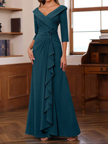 Sheath/Column V-Neck 3/4 Length Sleeves Floor-Length Unique Mother of the Bride Dresses with Ruffles & Appliques