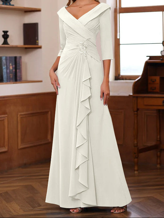 Sheath/Column V-Neck 3/4 Length Sleeves Floor-Length Unique Mother of the Bride Dresses with Ruffles & Appliques