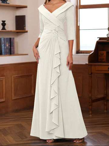 Sheath/Column V-Neck 3/4 Length Sleeves Floor-Length Unique Mother of the Bride Dresses with Ruffles & Appliques