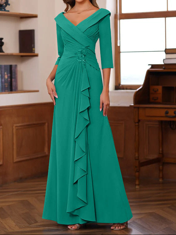Sheath/Column V-Neck 3/4 Length Sleeves Floor-Length Unique Mother of the Bride Dresses with Ruffles & Appliques