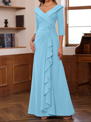 Sheath/Column V-Neck 3/4 Length Sleeves Floor-Length Unique Mother of the Bride Dresses with Ruffles & Appliques