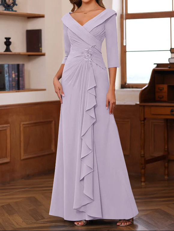 Sheath/Column V-Neck 3/4 Length Sleeves Floor-Length Unique Mother of the Bride Dresses with Ruffles & Appliques