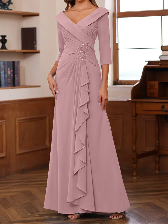Sheath/Column V-Neck 3/4 Length Sleeves Floor-Length Unique Mother of the Bride Dresses with Ruffles & Appliques