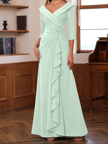 Sheath/Column V-Neck 3/4 Length Sleeves Floor-Length Unique Mother of the Bride Dresses with Ruffles & Appliques