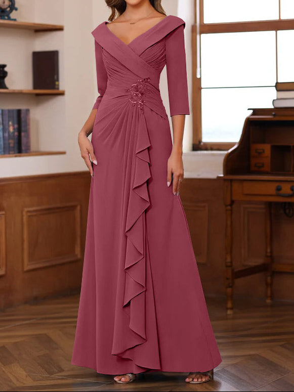 Sheath/Column V-Neck 3/4 Length Sleeves Floor-Length Unique Mother of the Bride Dresses with Ruffles & Appliques