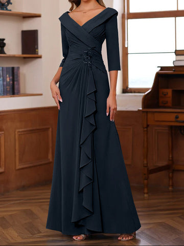 Sheath/Column V-Neck 3/4 Length Sleeves Floor-Length Unique Mother of the Bride Dresses with Ruffles & Appliques