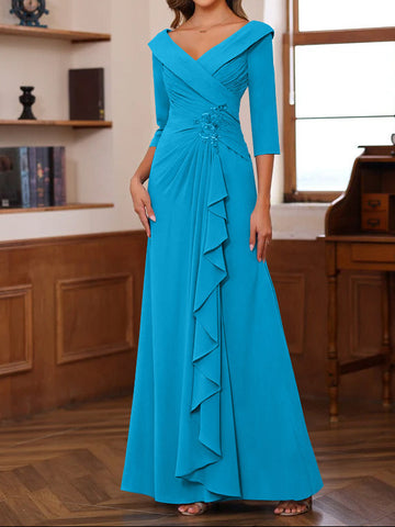 Sheath/Column V-Neck 3/4 Length Sleeves Floor-Length Unique Mother of the Bride Dresses with Ruffles & Appliques