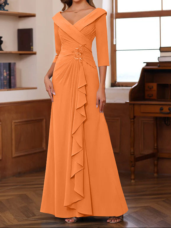 Sheath/Column V-Neck 3/4 Length Sleeves Floor-Length Unique Mother of the Bride Dresses with Ruffles & Appliques