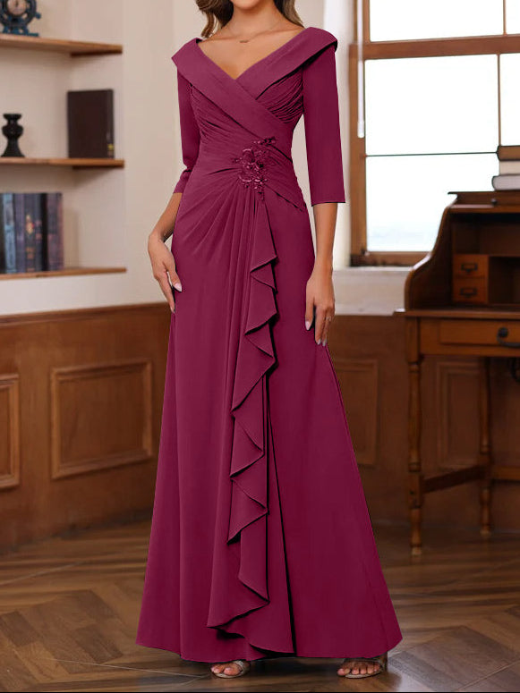 Sheath/Column V-Neck 3/4 Length Sleeves Floor-Length Unique Mother of the Bride Dresses with Ruffles & Appliques