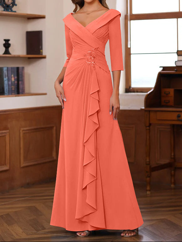 Sheath/Column V-Neck 3/4 Length Sleeves Floor-Length Unique Mother of the Bride Dresses with Ruffles & Appliques