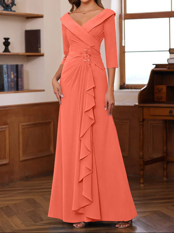 Sheath/Column V-Neck 3/4 Length Sleeves Floor-Length Unique Mother of the Bride Dresses with Ruffles & Appliques
