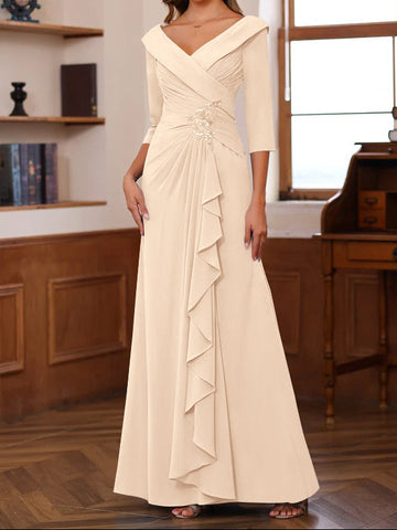 Sheath/Column V-Neck 3/4 Length Sleeves Floor-Length Unique Mother of the Bride Dresses with Ruffles & Appliques