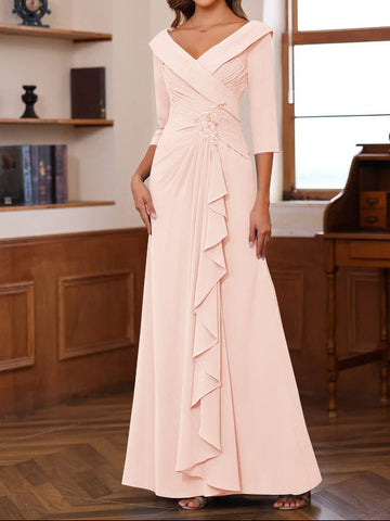 Sheath/Column V-Neck 3/4 Length Sleeves Floor-Length Unique Mother of the Bride Dresses with Ruffles & Appliques