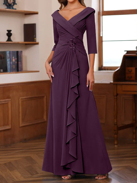 Sheath/Column V-Neck 3/4 Length Sleeves Floor-Length Unique Mother of the Bride Dresses with Ruffles & Appliques