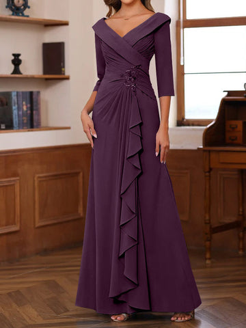 Sheath/Column V-Neck 3/4 Length Sleeves Floor-Length Unique Mother of the Bride Dresses with Ruffles & Appliques
