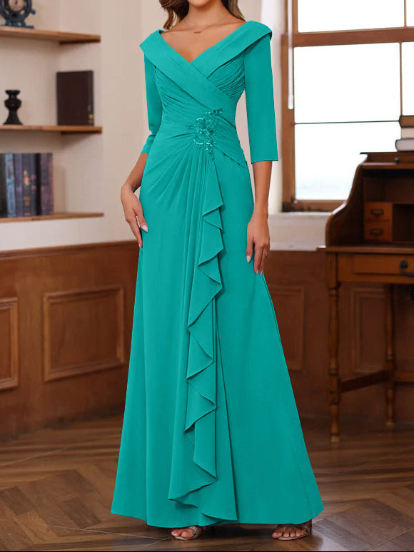 Sheath/Column V-Neck 3/4 Length Sleeves Floor-Length Unique Mother of the Bride Dresses with Ruffles & Appliques