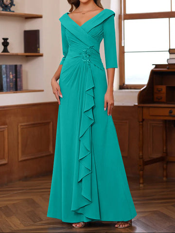 Sheath/Column V-Neck 3/4 Length Sleeves Floor-Length Unique Mother of the Bride Dresses with Ruffles & Appliques