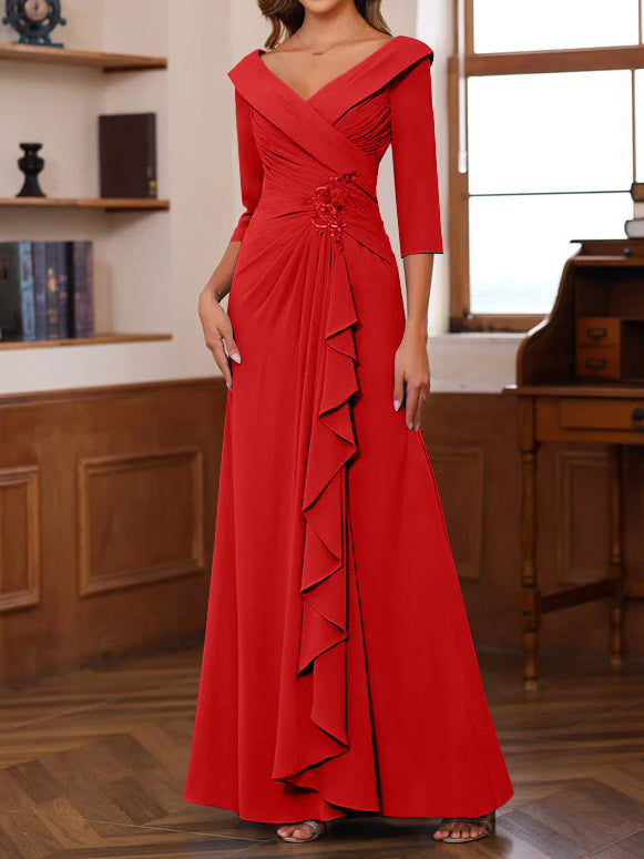 Sheath/Column V-Neck 3/4 Length Sleeves Floor-Length Unique Mother of the Bride Dresses with Ruffles & Appliques