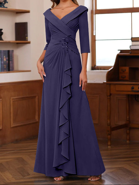 Sheath/Column V-Neck 3/4 Length Sleeves Floor-Length Unique Mother of the Bride Dresses with Ruffles & Appliques