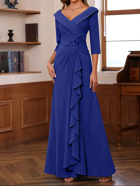 Sheath/Column V-Neck 3/4 Length Sleeves Floor-Length Unique Mother of the Bride Dresses with Ruffles & Appliques