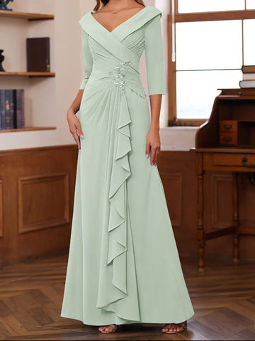 Sheath/Column V-Neck 3/4 Length Sleeves Floor-Length Unique Mother of the Bride Dresses with Ruffles & Appliques