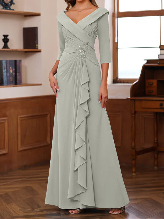 Sheath/Column V-Neck 3/4 Length Sleeves Floor-Length Unique Mother of the Bride Dresses with Ruffles & Appliques