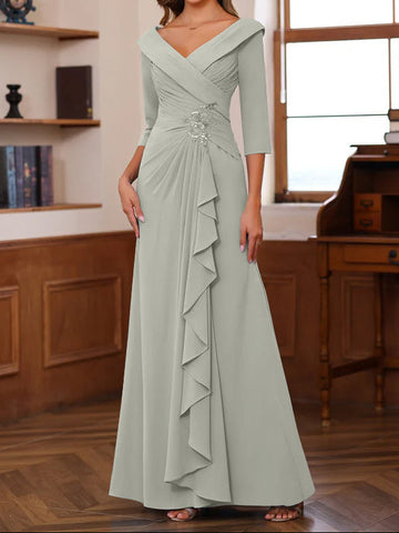 Sheath/Column V-Neck 3/4 Length Sleeves Floor-Length Unique Mother of the Bride Dresses with Ruffles & Appliques